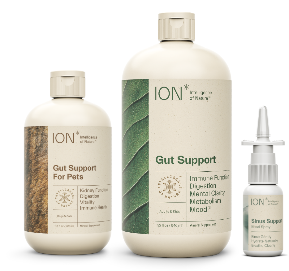 Bottles of ION products including Gut Support for Pets, Gut Support and Sinus Support